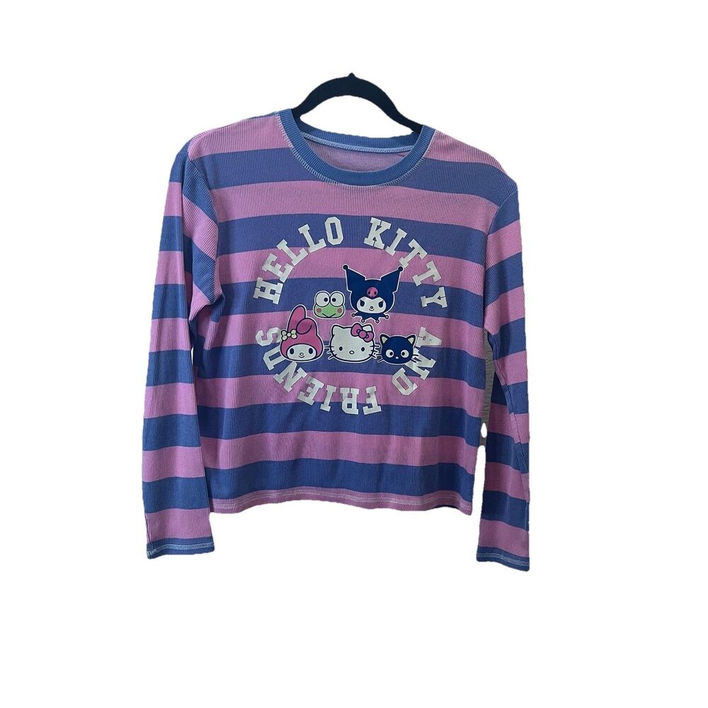Hybrid Hello Kitty & Friends Blue Pink Striped Ribbed Long Sleeve Crop Shirt XL
